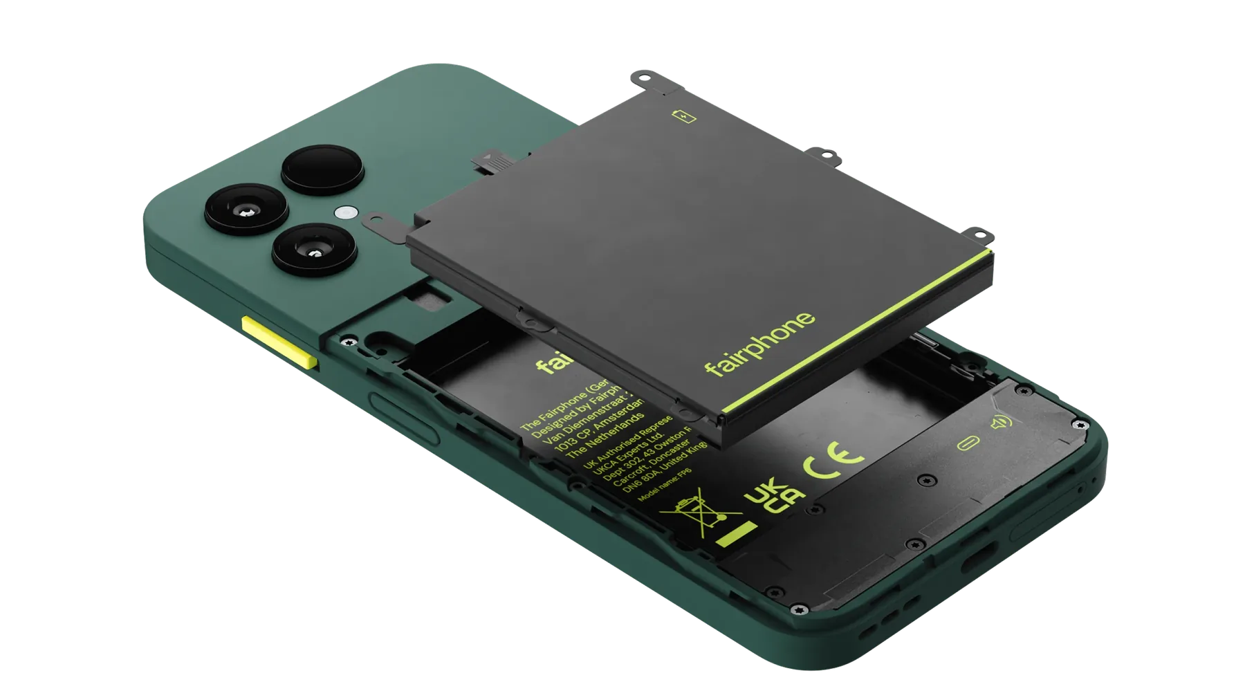 A Fairphone 6 with its back cover removed and the battery lifting out of the chassis