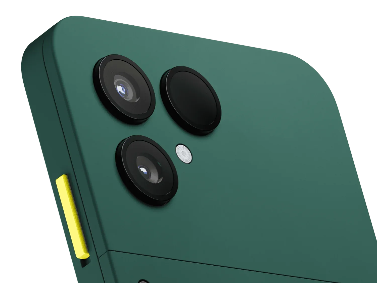 Close-up of the Fairphone 6 rear camera module with its three lenses and flash