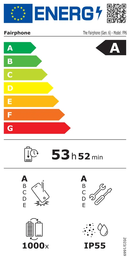 EU energy label for the Fairphone 6, rated class A