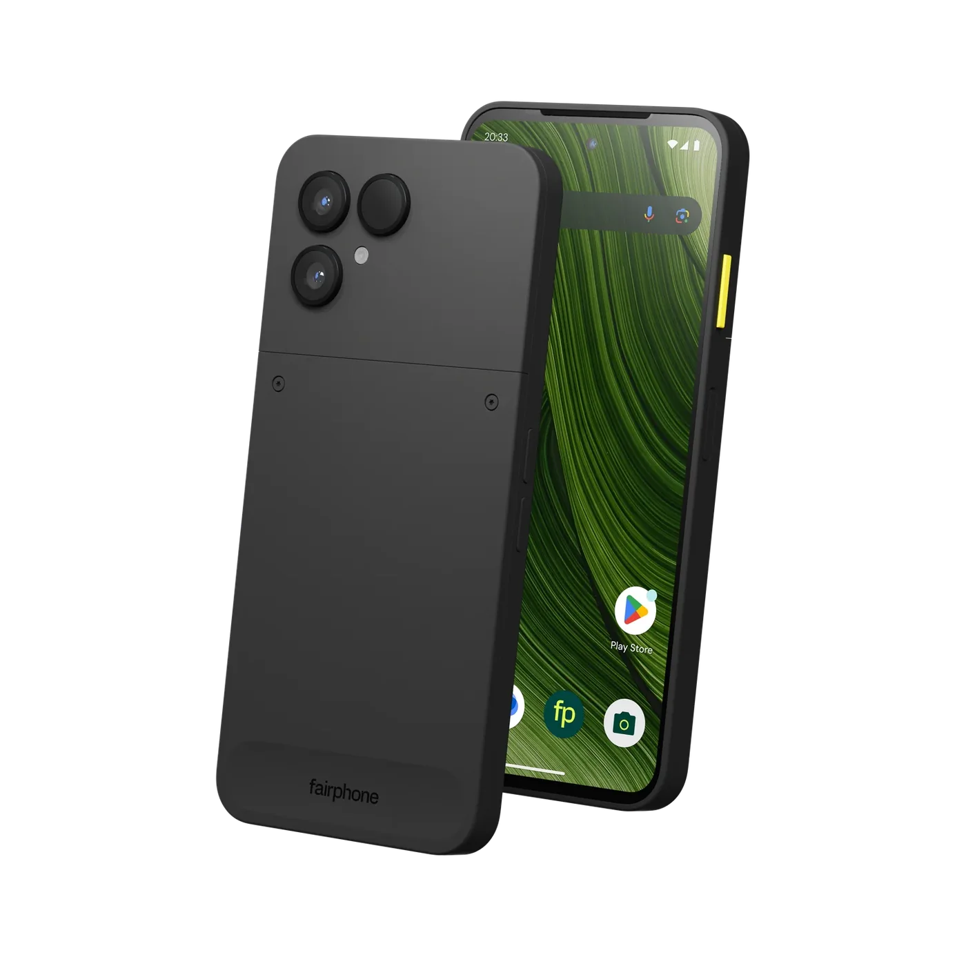 Fairphone 6 in Horizon Black, front and back view