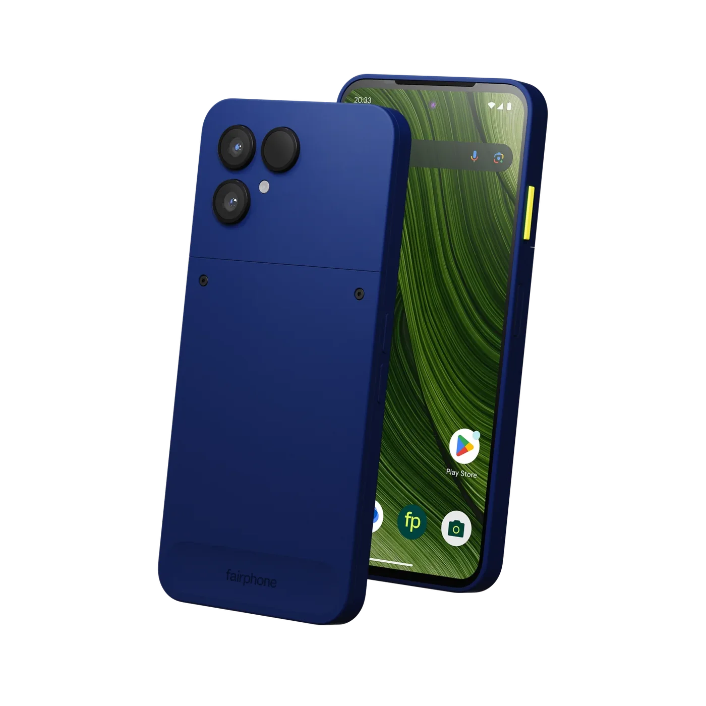 Fairphone 6+ in Cobalt Blue, front and back view