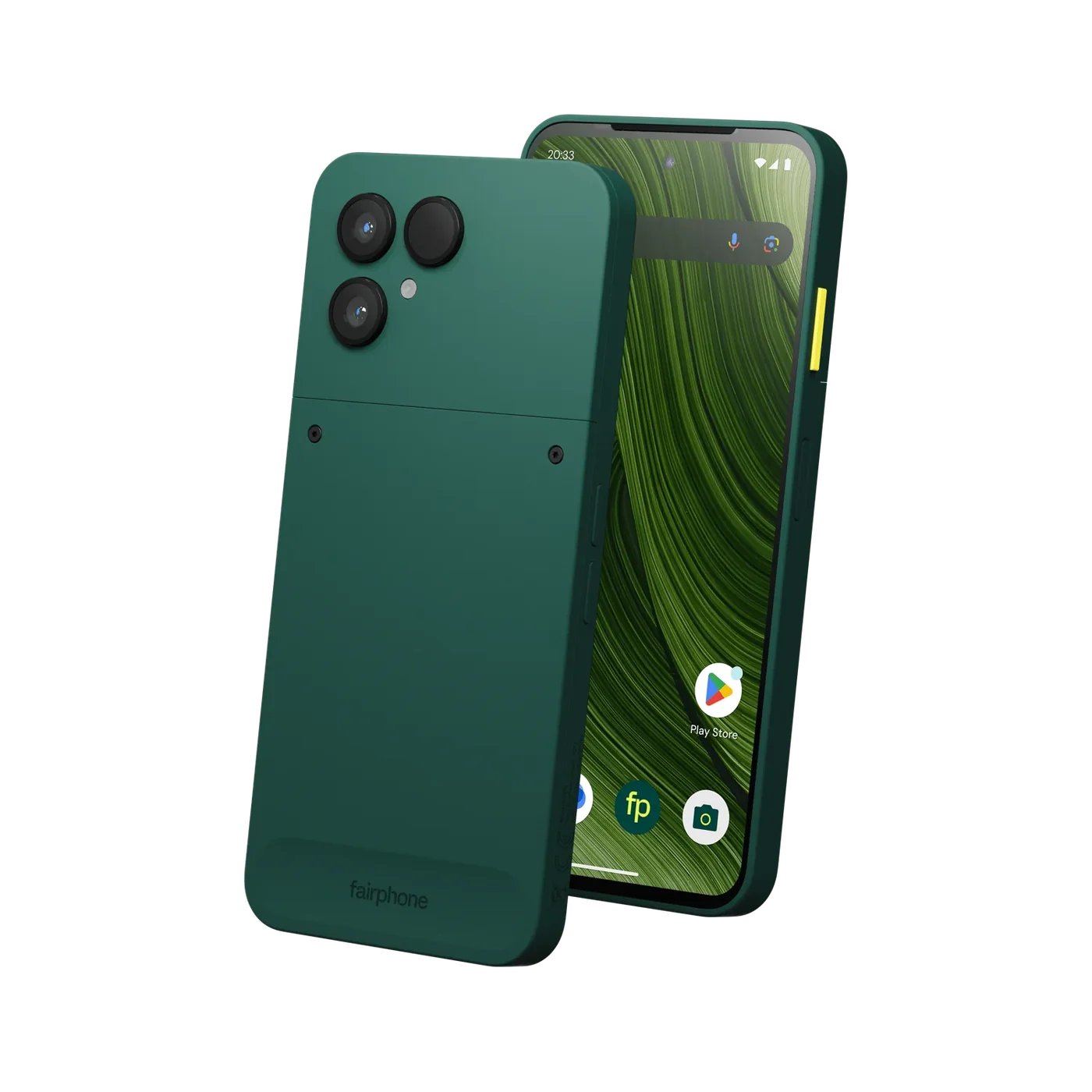 Fairphone 6 in Forest Green, front and back view