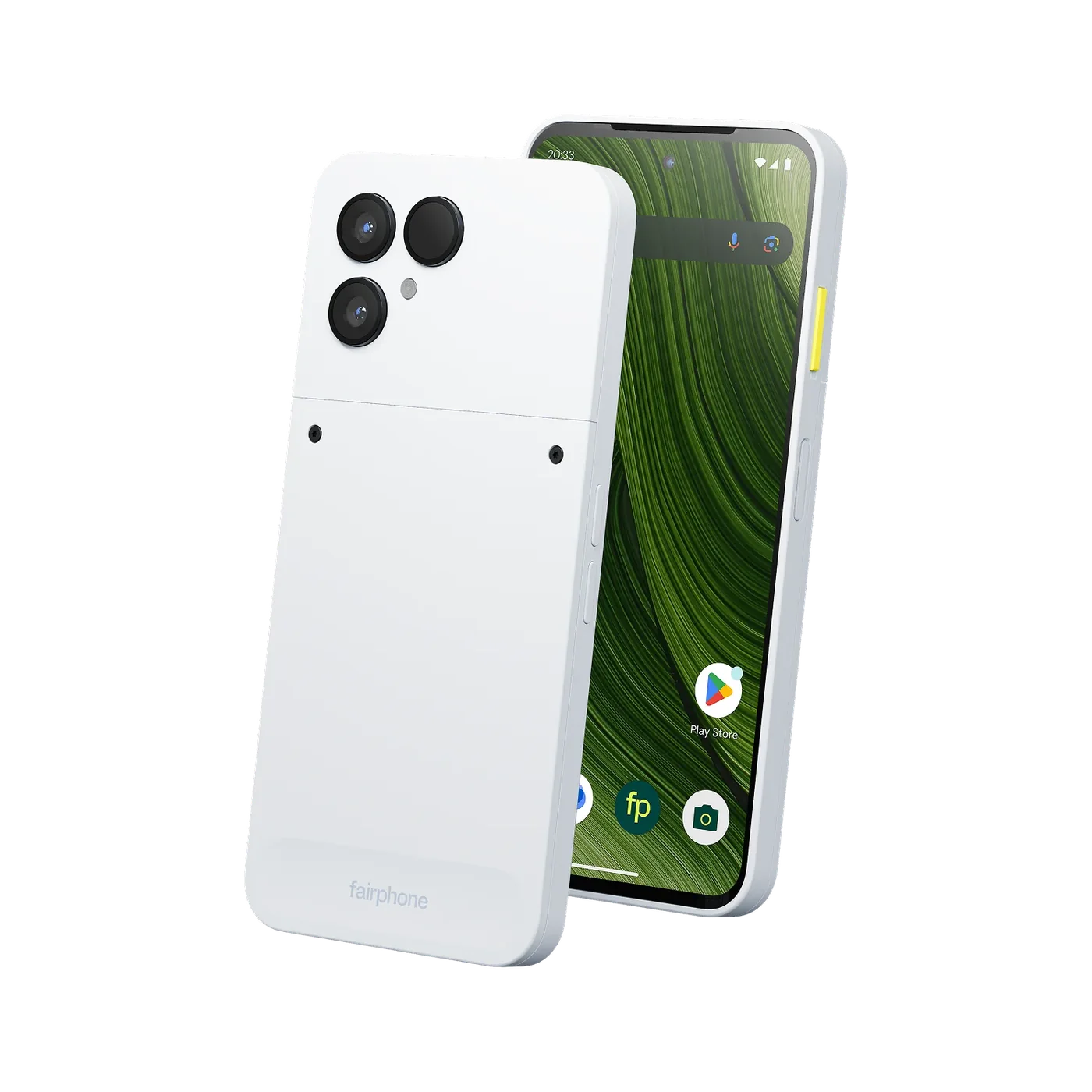 Fairphone 6 in Cloud White, front and back view
